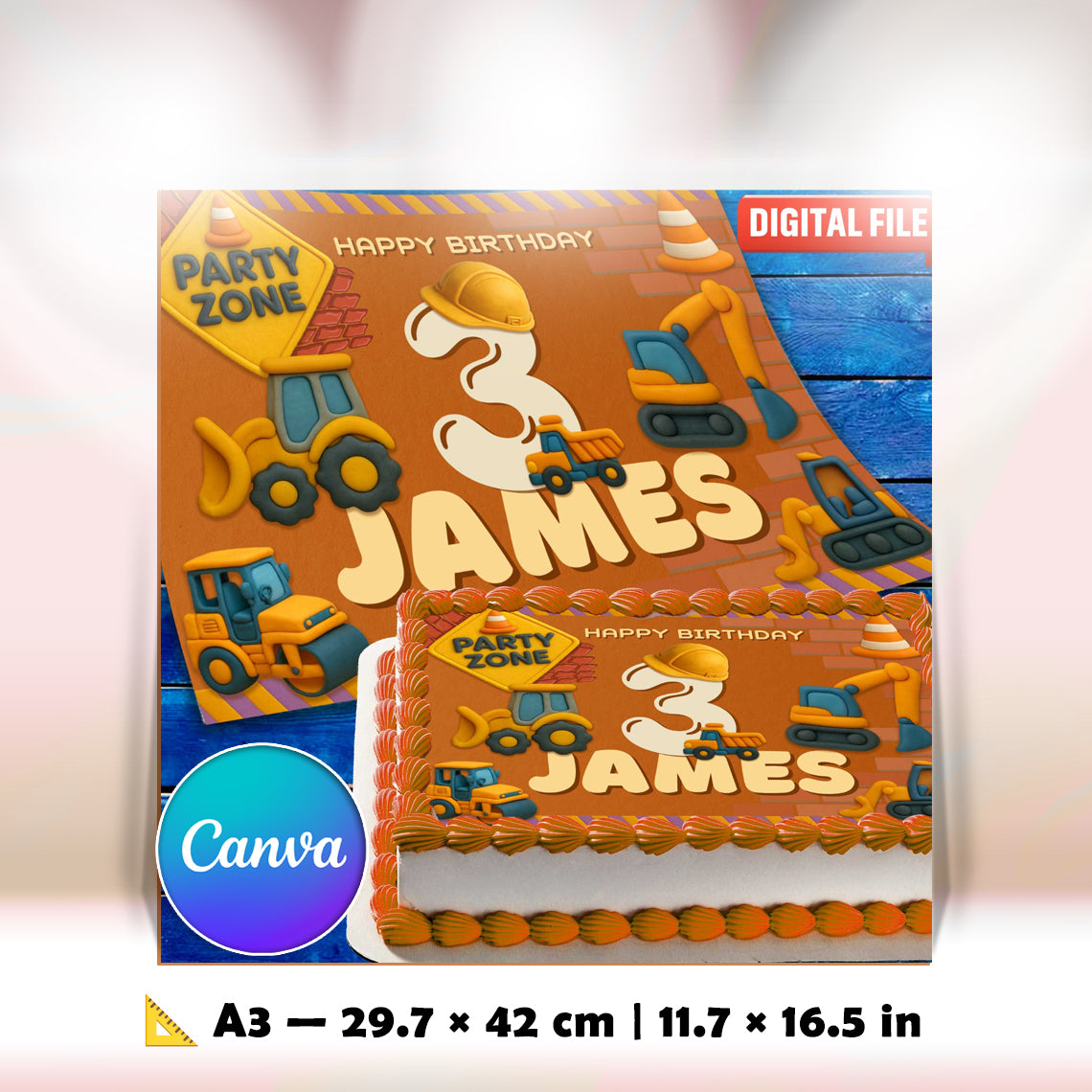 Custom construction birthday cake topper, edible image on buttercream cake