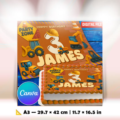 Custom construction birthday cake topper, edible image on buttercream cake