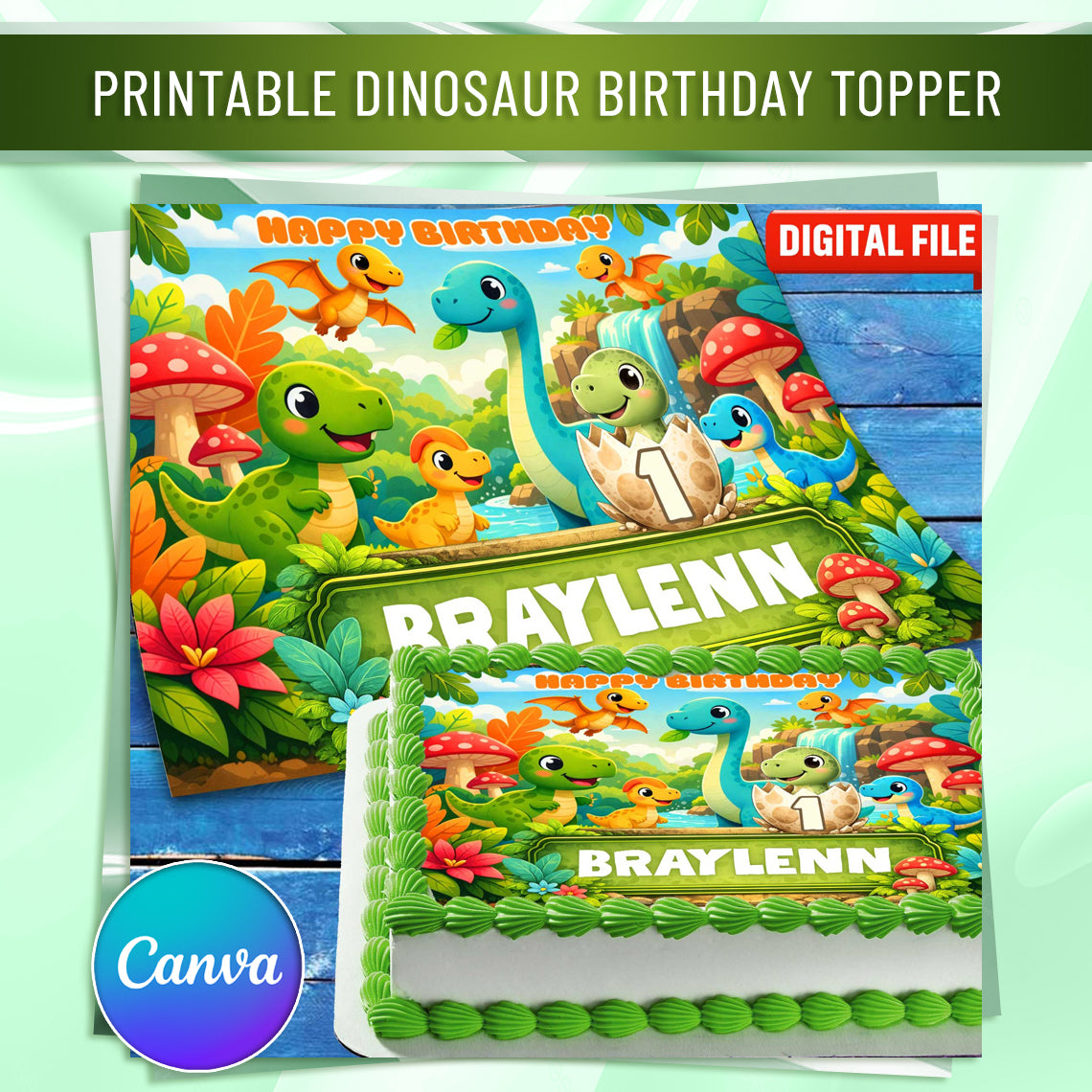 Dinosaur first birthday cake decoration with name and age, edible image on green frosted cake