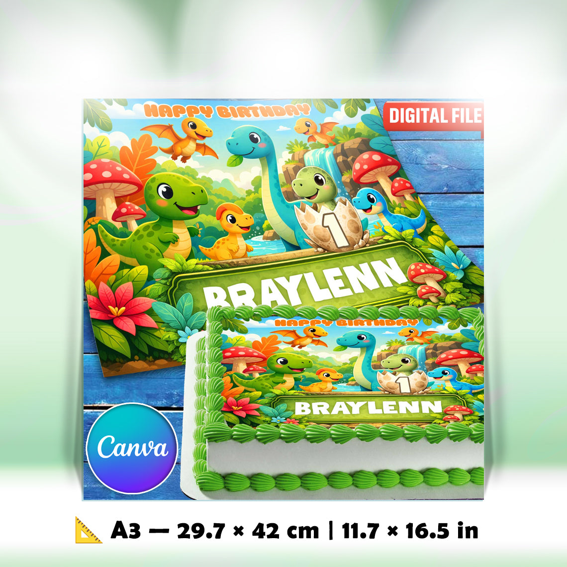 Dinosaur cake topper A3 size 29.7 x 42 cm printable birthday decoration digital file