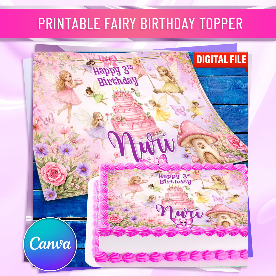 Edible fairy cake topper printed with soft pastel birthday artwork