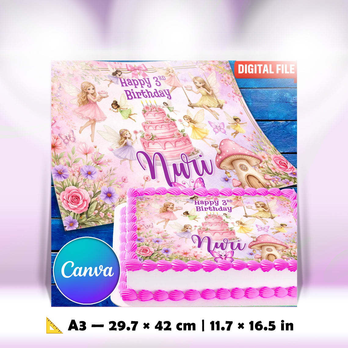 Custom fairy cake topper with name ready to place on birthday cake