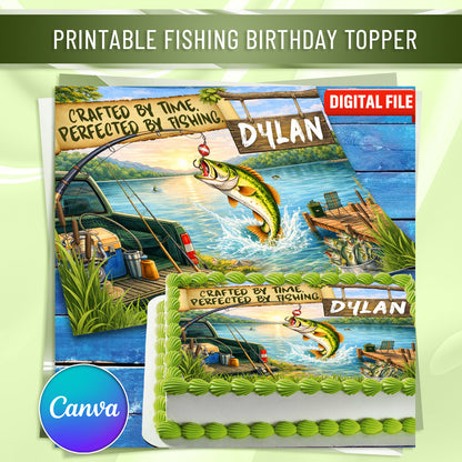 Printable Fishing Birthday Cake Topper – Personalized Lake Fishing Design with Name, Digital Download