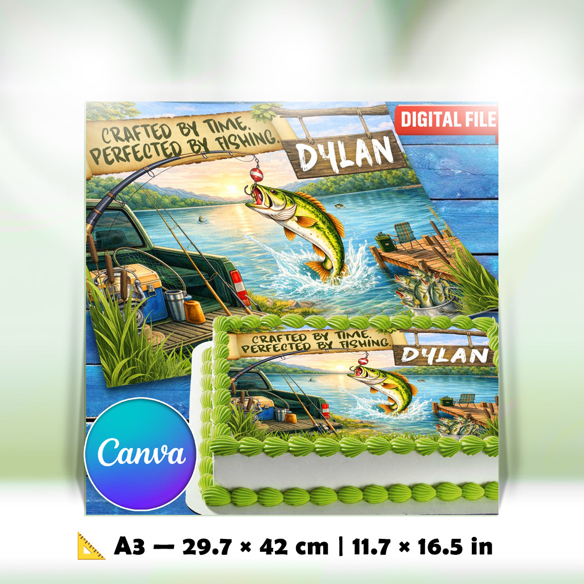 Fishing Birthday Cake Topper A3 Size 29.7 x 42 cm – Canva Printable Digital File for Kids Party