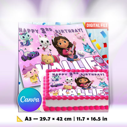 Gabbys dollhouse Birthday Themed Edible Cake Topper - Rectangular Design - Wafer Paper, Sugar Sheet, Chocotransfer