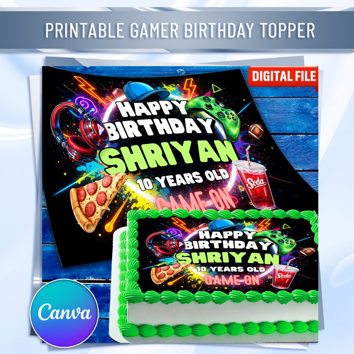 Neon gamer edible cake topper on large rectangular birthday cake, Costco cake size example