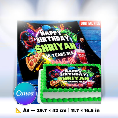 Neon gamer edible cake topper sheet and finished birthday cake with gaming controller theme