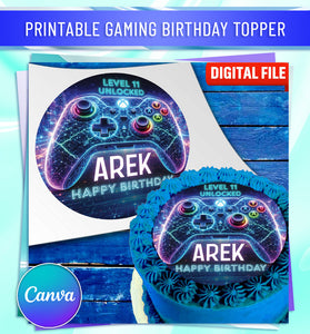 Neon gamer cake topper Canva template with editable name and age for gaming birthday cake