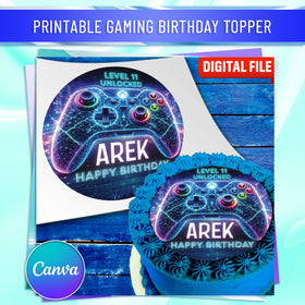 Neon gamer cake topper Canva template with editable name and age for gaming birthday cake