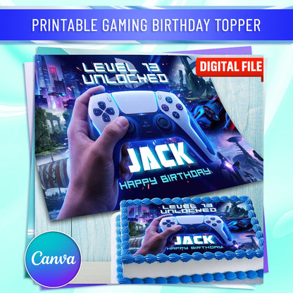 Printable gaming birthday cake topper design with futuristic game controller and level unlocked text, digital download