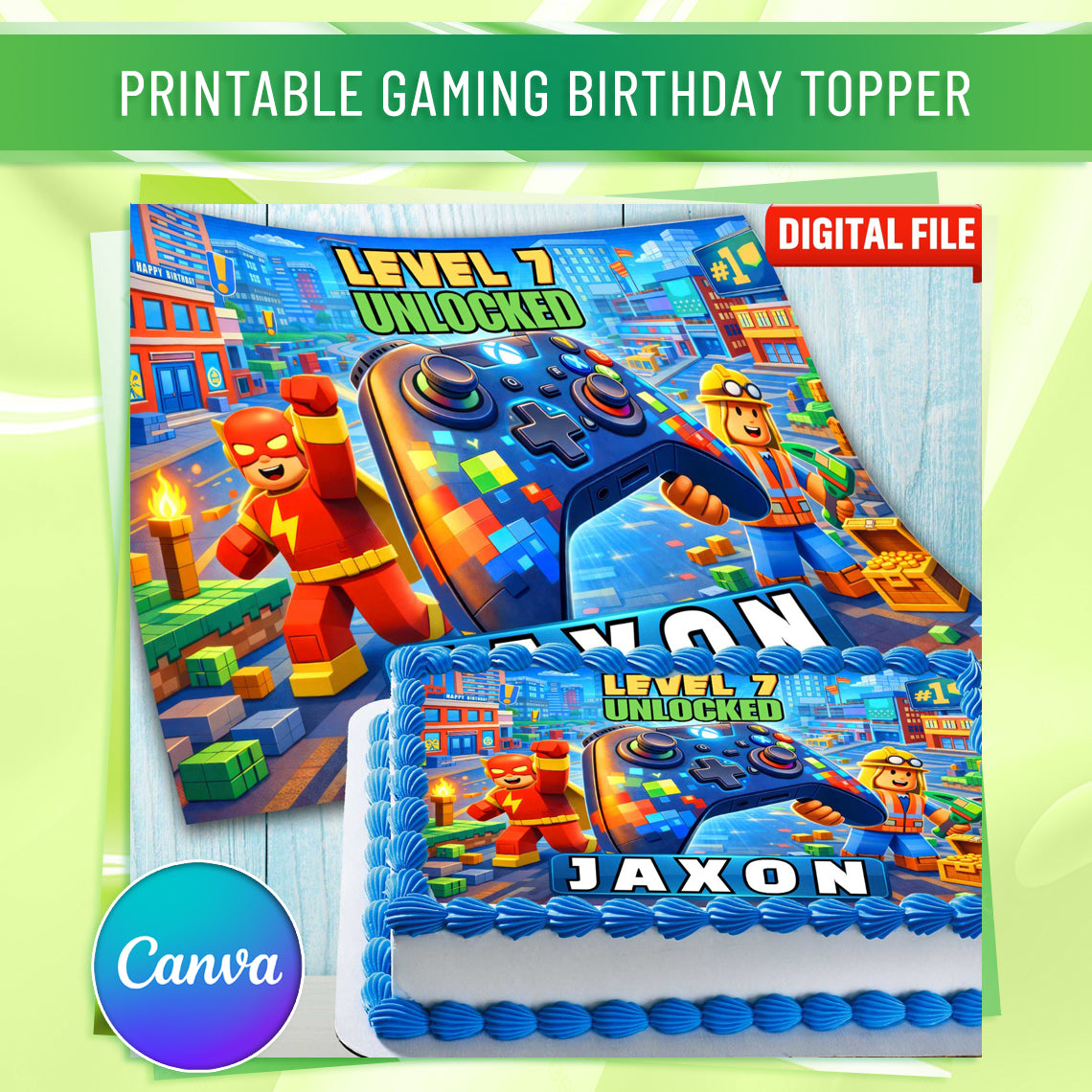 Gaming birthday cake topper on cake, edible image with game controller design, blue frosting border and personalized name