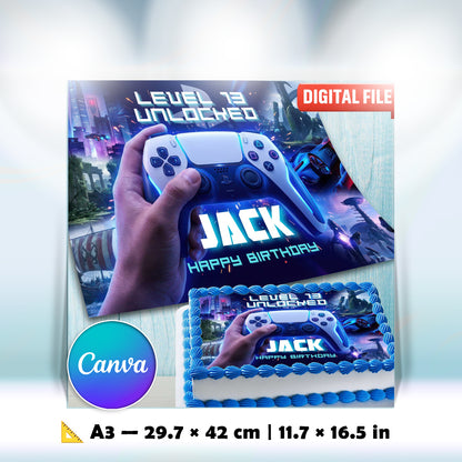 A3 printable gaming cake topper template, 29.7 x 42 cm, editable Canva digital file for kids birthday cake