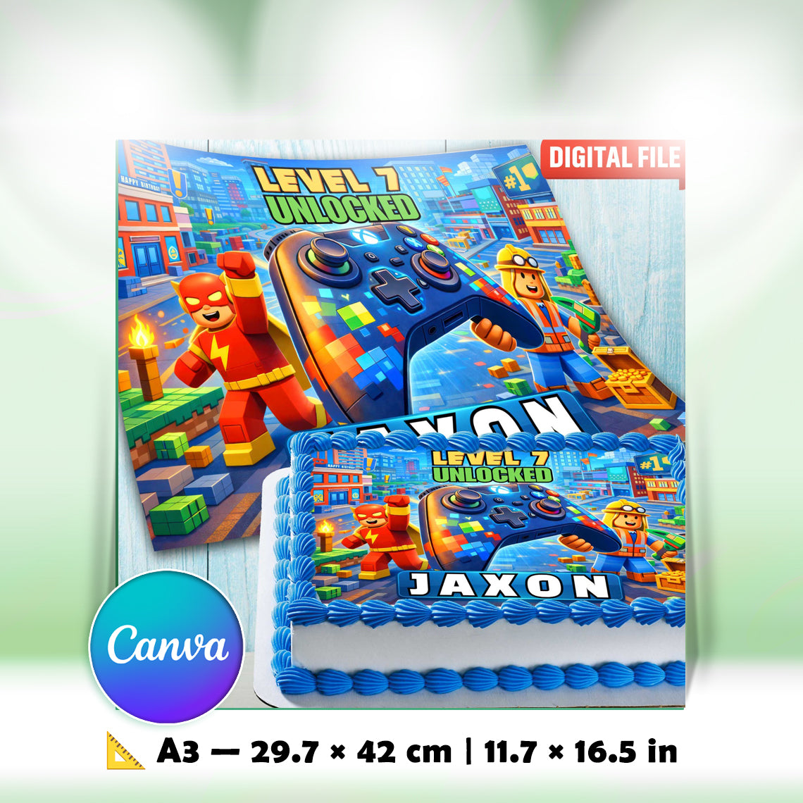 Printable A3 gaming cake topper design, digital file for DIY birthday cake decoration, game themed party