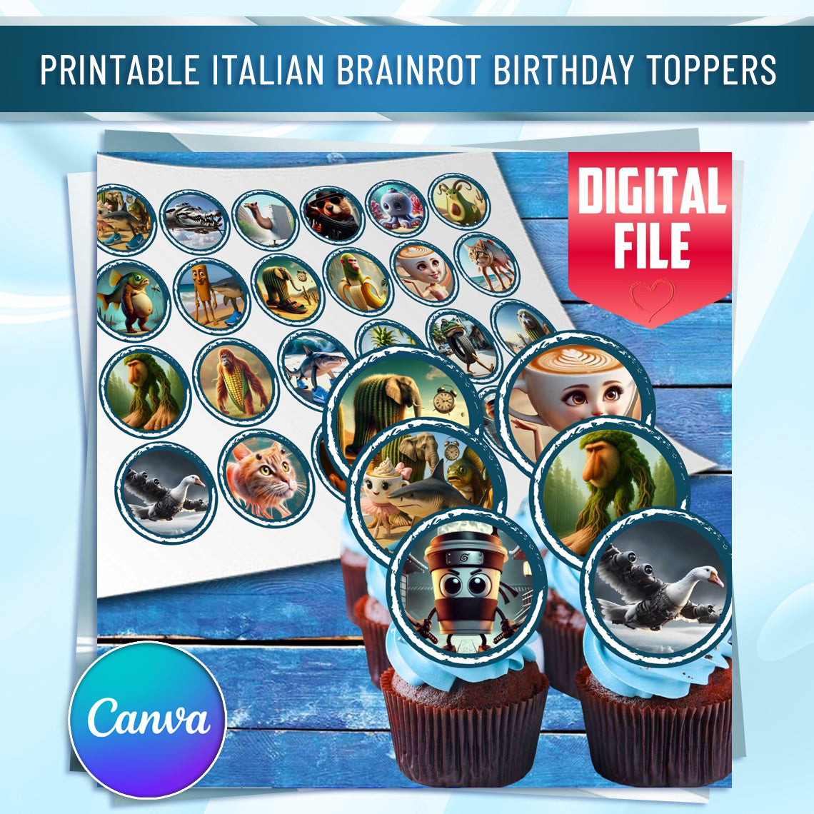24 Funny Italian Meme Edible Cupcake Toppers – Precut on Wafer Paper, Sugar Sheet, or Uncut Chocotransfer