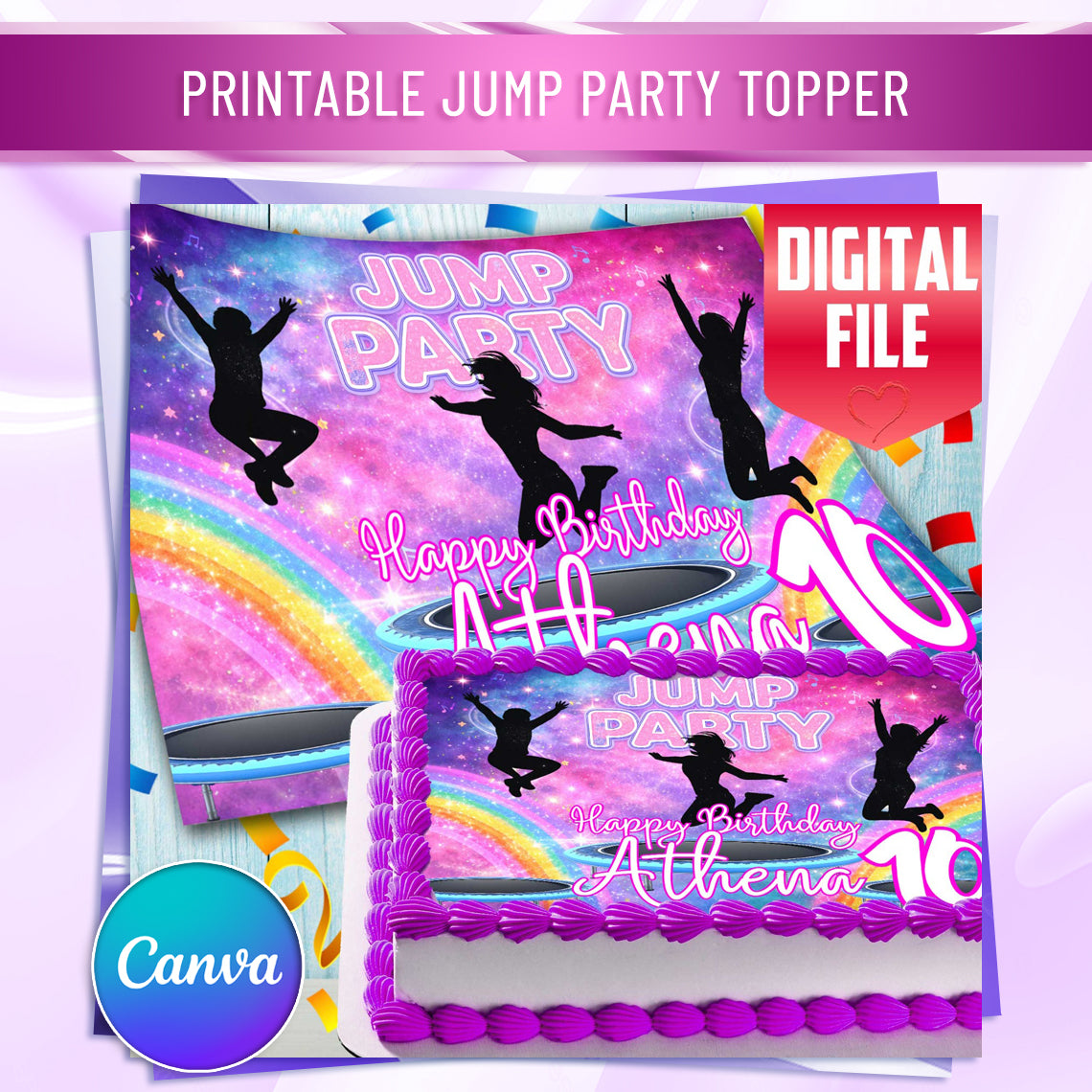 Jump party birthday cake topper design shown on rectangular birthday cake