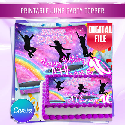 Jump party birthday cake topper design shown on rectangular birthday cake