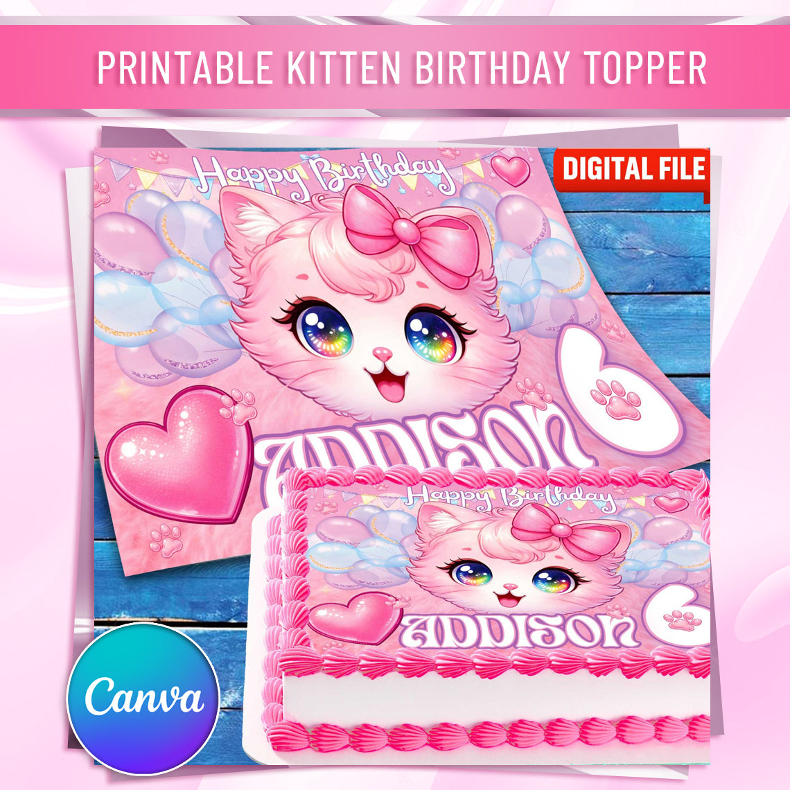 Kitten Birthday Cake Topper – Personalized Edible Image with Name & Age