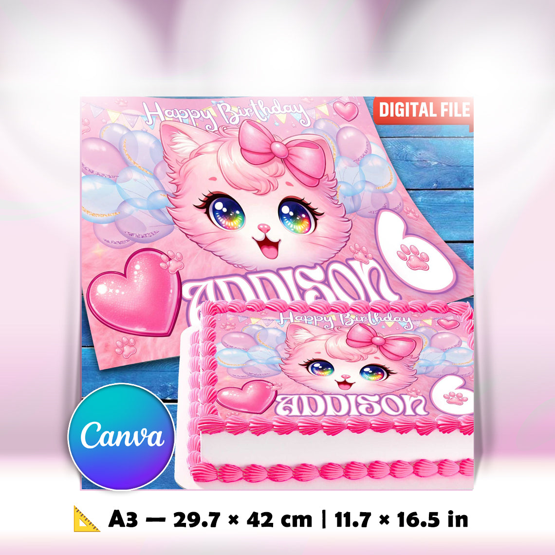 Kitten Birthday Cake Topper – Personalized Edible Image with Name & Age