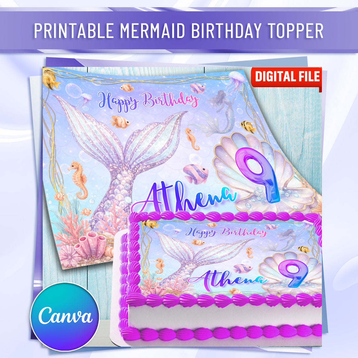 Edible mermaid cake topper printed on wafer or sugar sheet