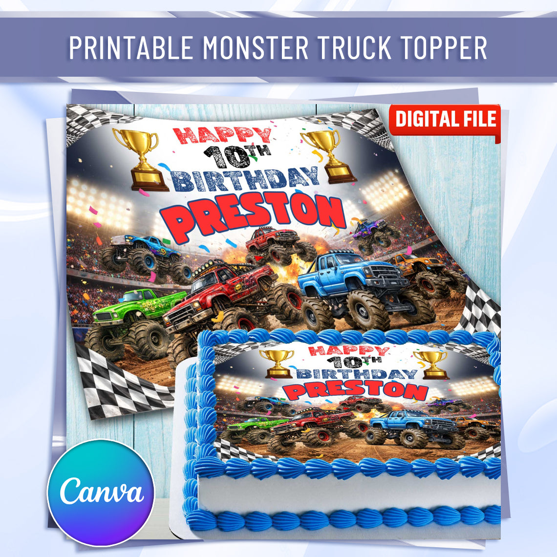 Custom monster truck cake topper ready to place on birthday cake