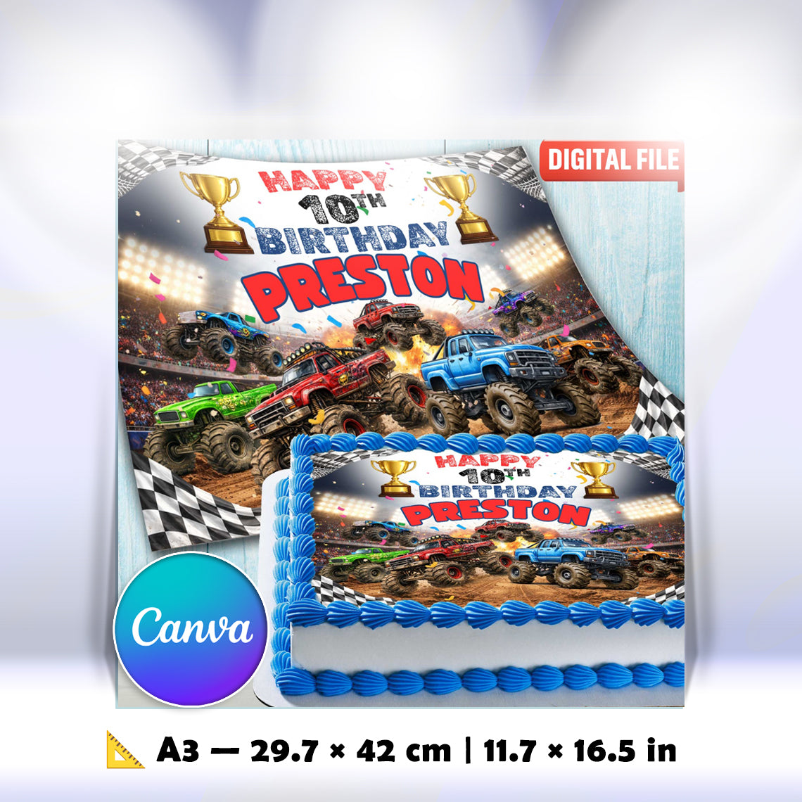 Monster Truck Birthday Cake Topper – Edible Image with Name & Age for Kids Party
