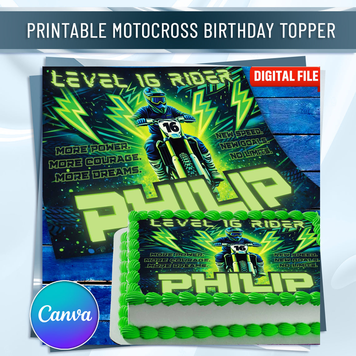 Motocross birthday cake topper mockup on cake, green racing theme with rider and personalized name