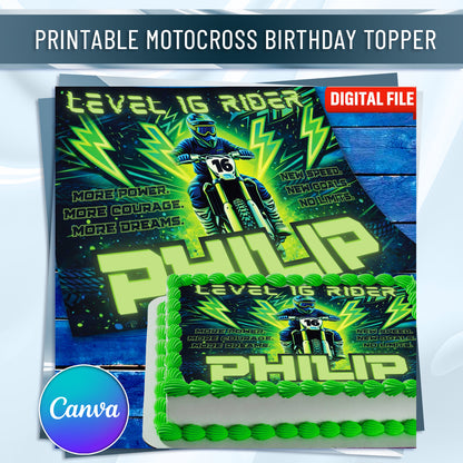 Motocross birthday cake topper mockup on cake, green racing theme with rider and personalized name