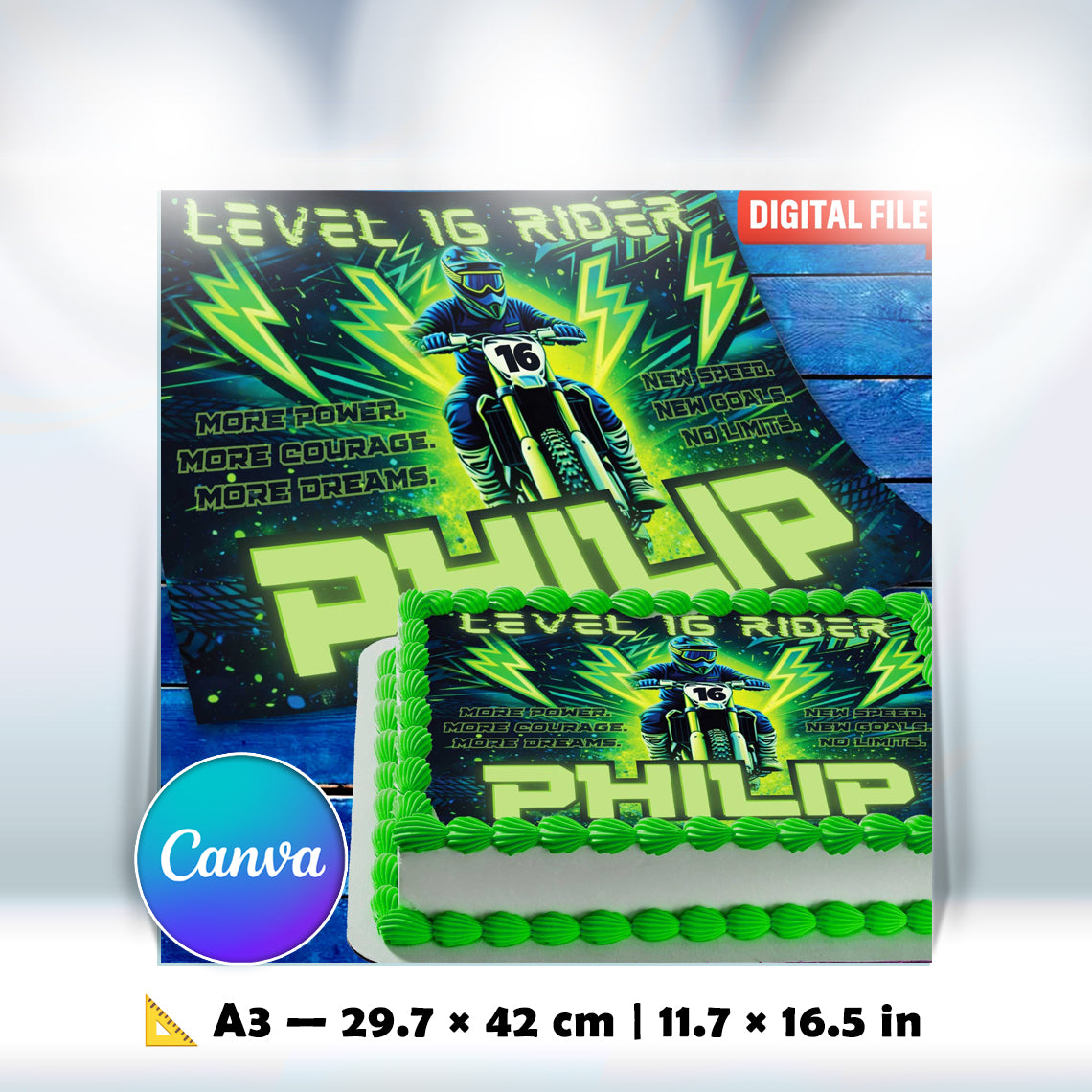 A3 printable motocross cake topper template, 29.7 x 42 cm, digital download for birthday cake