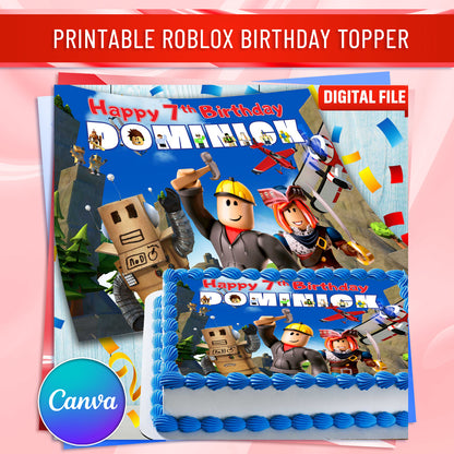 Roblox Birthday Themed Edible Cake Topper - Rectangular Design - Wafer Paper, Sugar Sheet, Chocotransfer