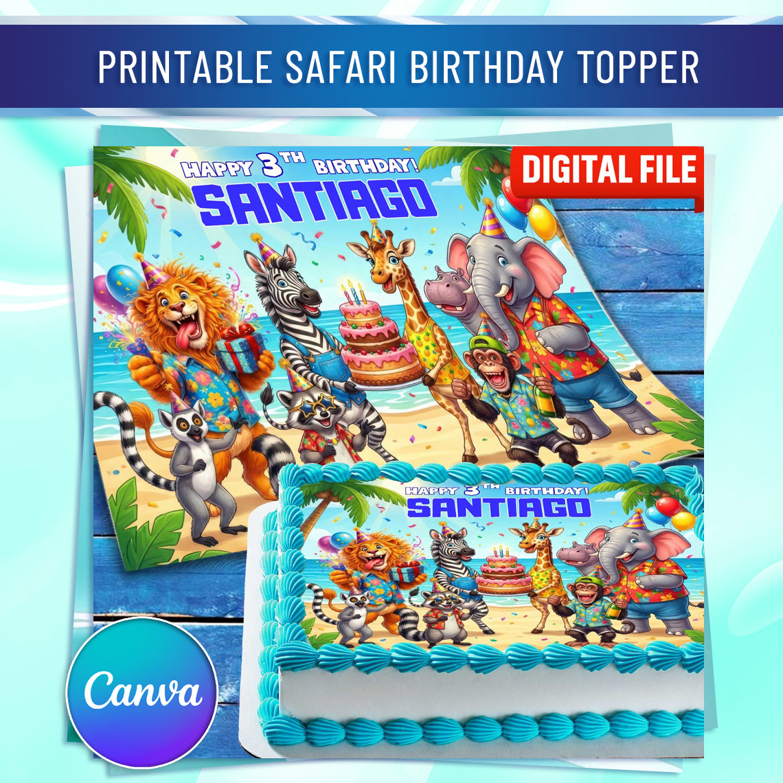 Safari Birthday Cake Topper – Edible Image with Name for Birthday Party