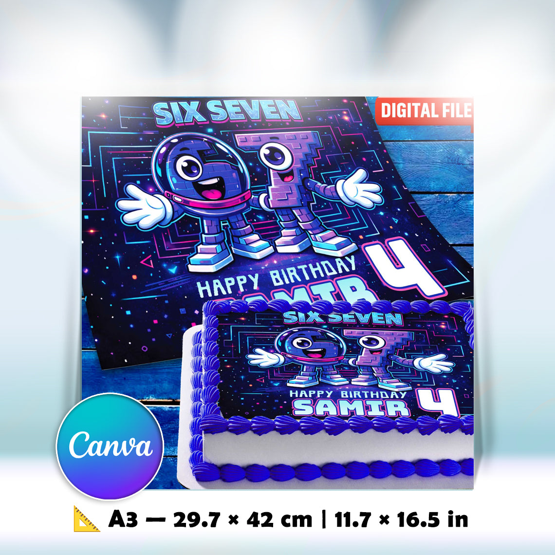 Printable Six Seven birthday cake topper A3 size, digital file for kids birthday cake, customizable name and age