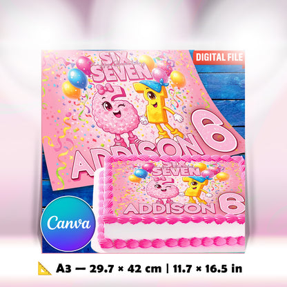 Six Seven birthday cake topper printable A3 size, pink design with name and age, digital file for cake decoration