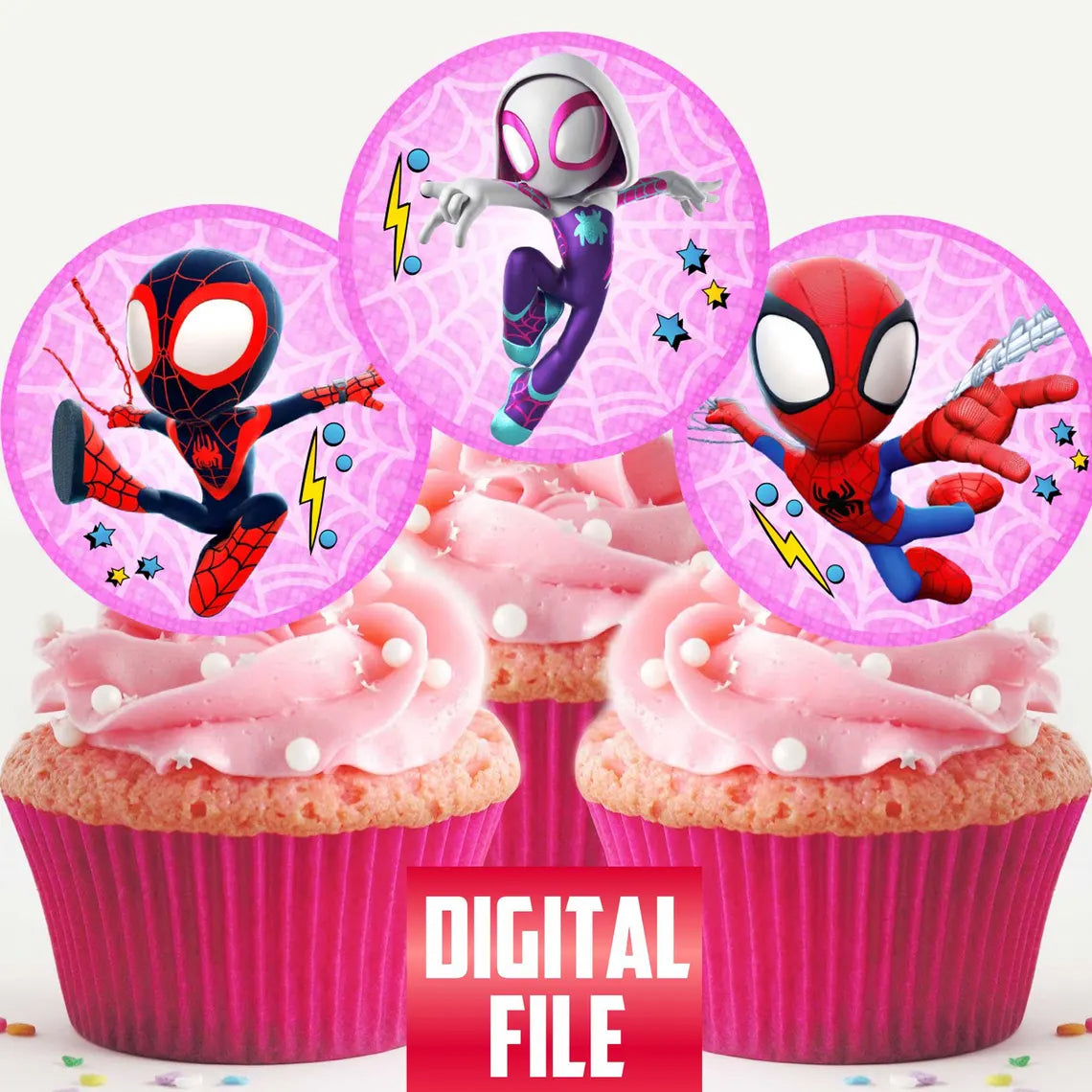 Pink Spidey Edible Cupcake Toppers – 24 Precut on Wafer Paper, Sugar Sheet or Uncut Chocotransfer