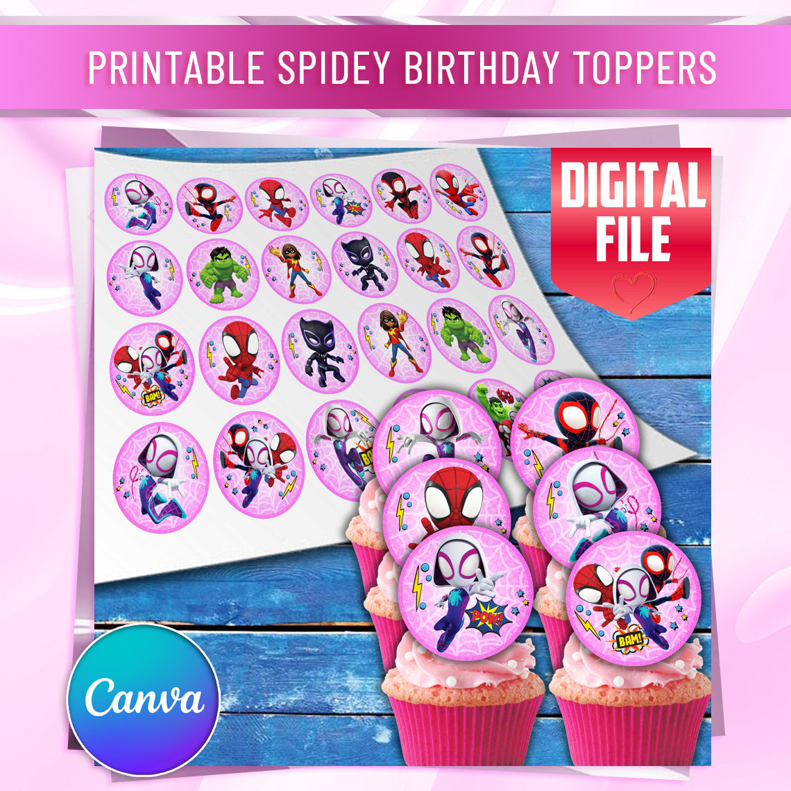Pink Spidey Edible Cupcake Toppers – 24 Precut on Wafer Paper, Sugar Sheet or Uncut Chocotransfer