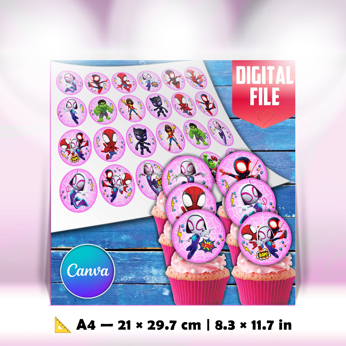 Pink Spidey Edible Cupcake Toppers – 24 Precut on Wafer Paper, Sugar Sheet or Uncut Chocotransfer