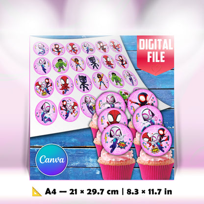 Pink Spidey Edible Cupcake Toppers – 24 Precut on Wafer Paper, Sugar Sheet or Uncut Chocotransfer
