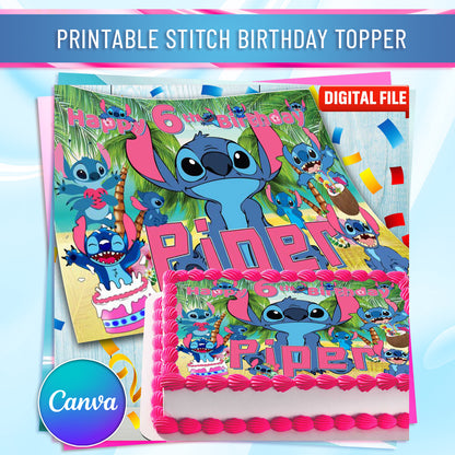 Stitch Birthday Cake Topper – Edible Image for Kids Party – Blue Alien Theme – Wafer, Sugar Sheet, Chocotransfer