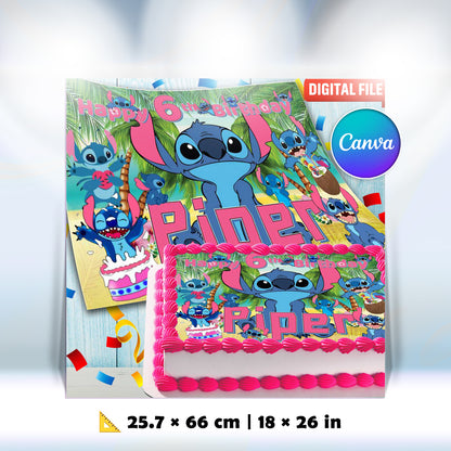 Stitch Birthday Cake Topper – Edible Image for Kids Party – Blue Alien Theme – Wafer, Sugar Sheet, Chocotransfer