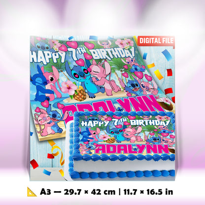 Stitch and Angel Birthday Themed Edible Cake Topper - Rectangular Design - Wafer Paper, Sugar Sheet, Chocotransfer