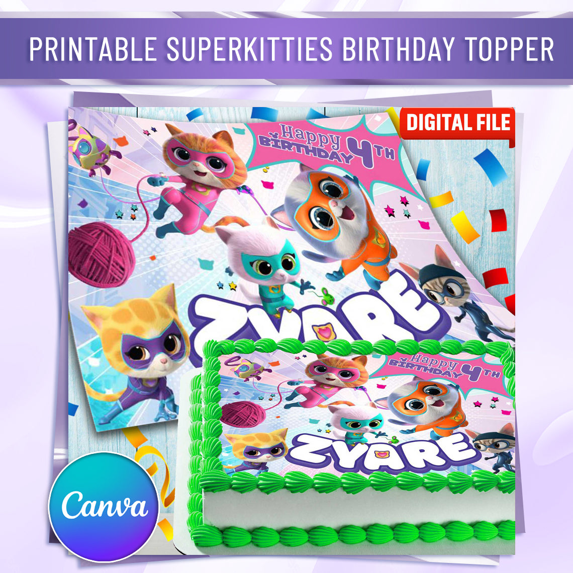 SuperKitties Birthday Cake Topper – Edible Image for Kids Party Cake Decoration