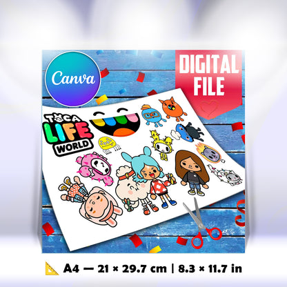 Toca Life Edible Cake Toppers - Precut on Wafer Paper, Sugar Sheet, or without cutting Chocotransfer (Set of 13)