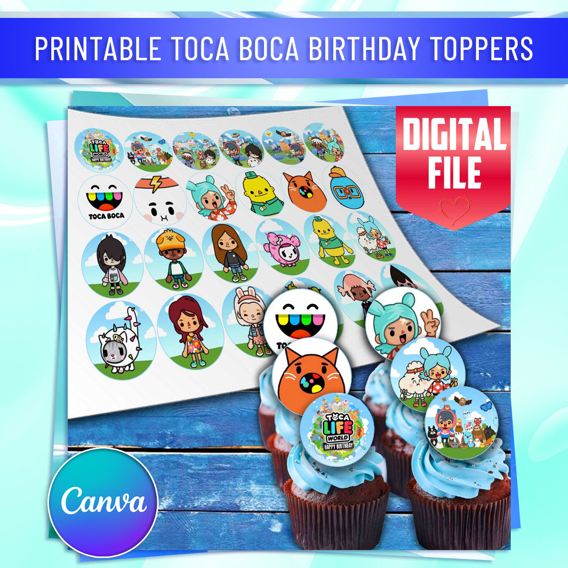 Toca Life Edible Cupcake Toppers - 24 Pre-Cut Pieces on Wafer Paper, Sugar Sheet, or without cutting Chocotransfer