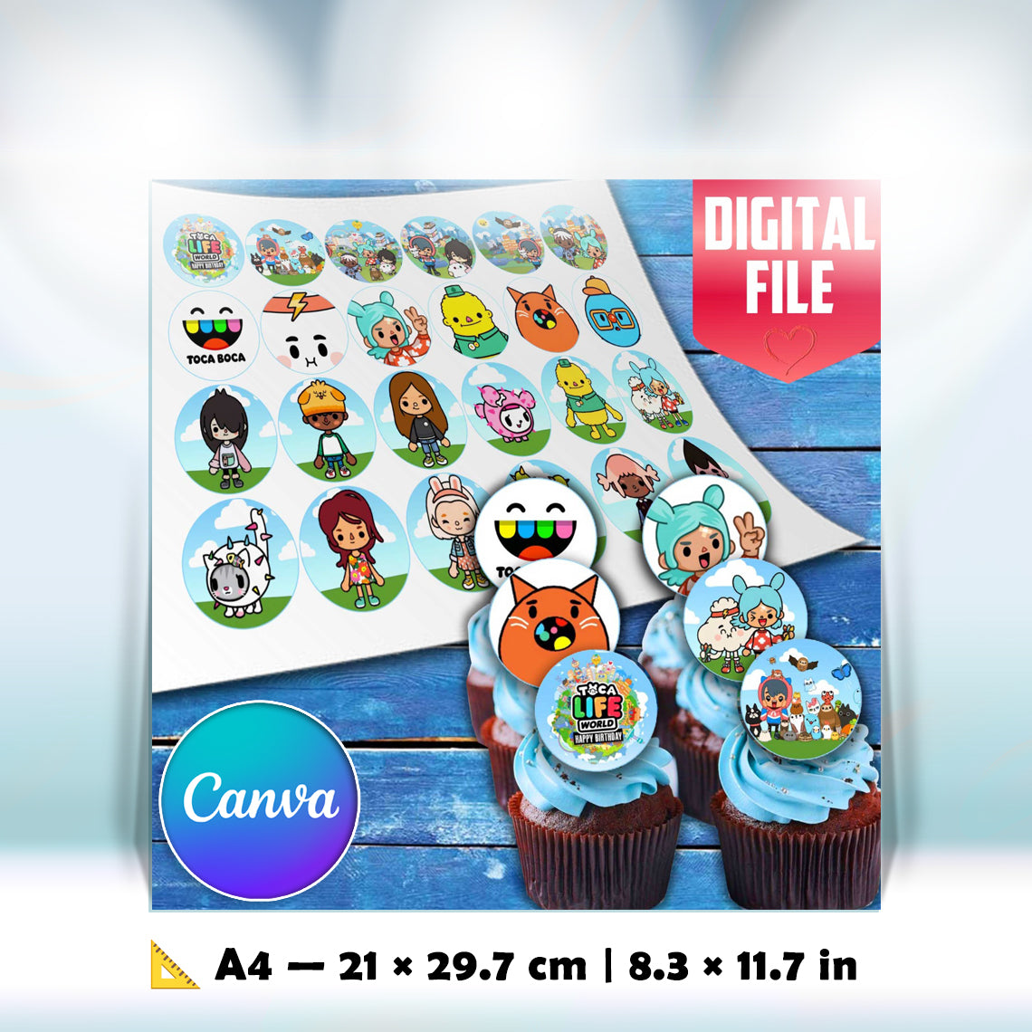 Toca Life Edible Cupcake Toppers - 24 Pre-Cut Pieces on Wafer Paper, Sugar Sheet, or without cutting Chocotransfer