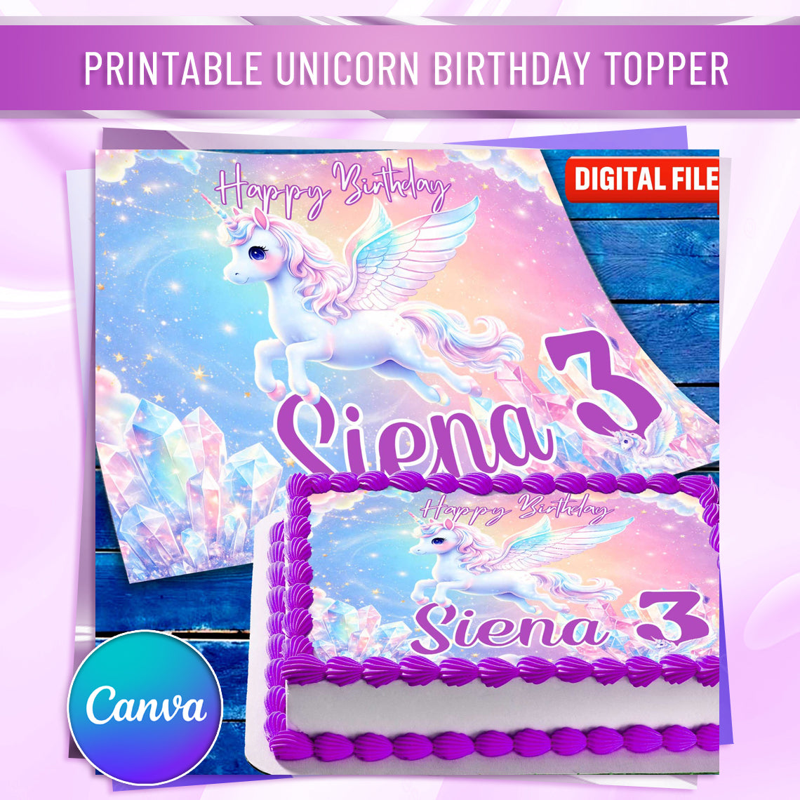 Printable unicorn birthday cake topper design with wings, crystals and pastel colors
