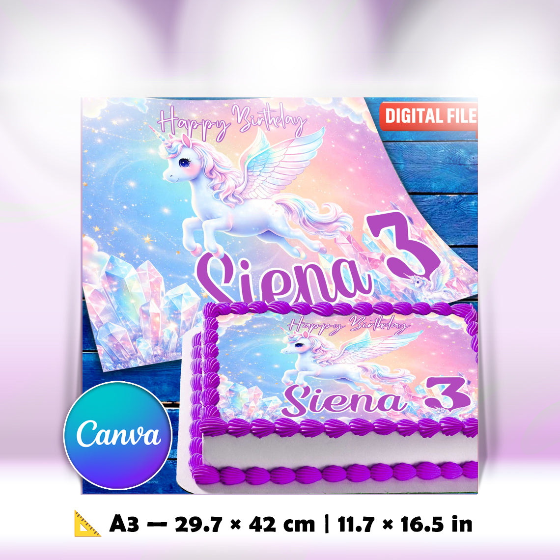 Digital unicorn cake topper file, Canva editable template, A3 printable format