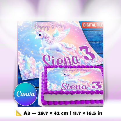 Digital unicorn cake topper file, Canva editable template, A3 printable format