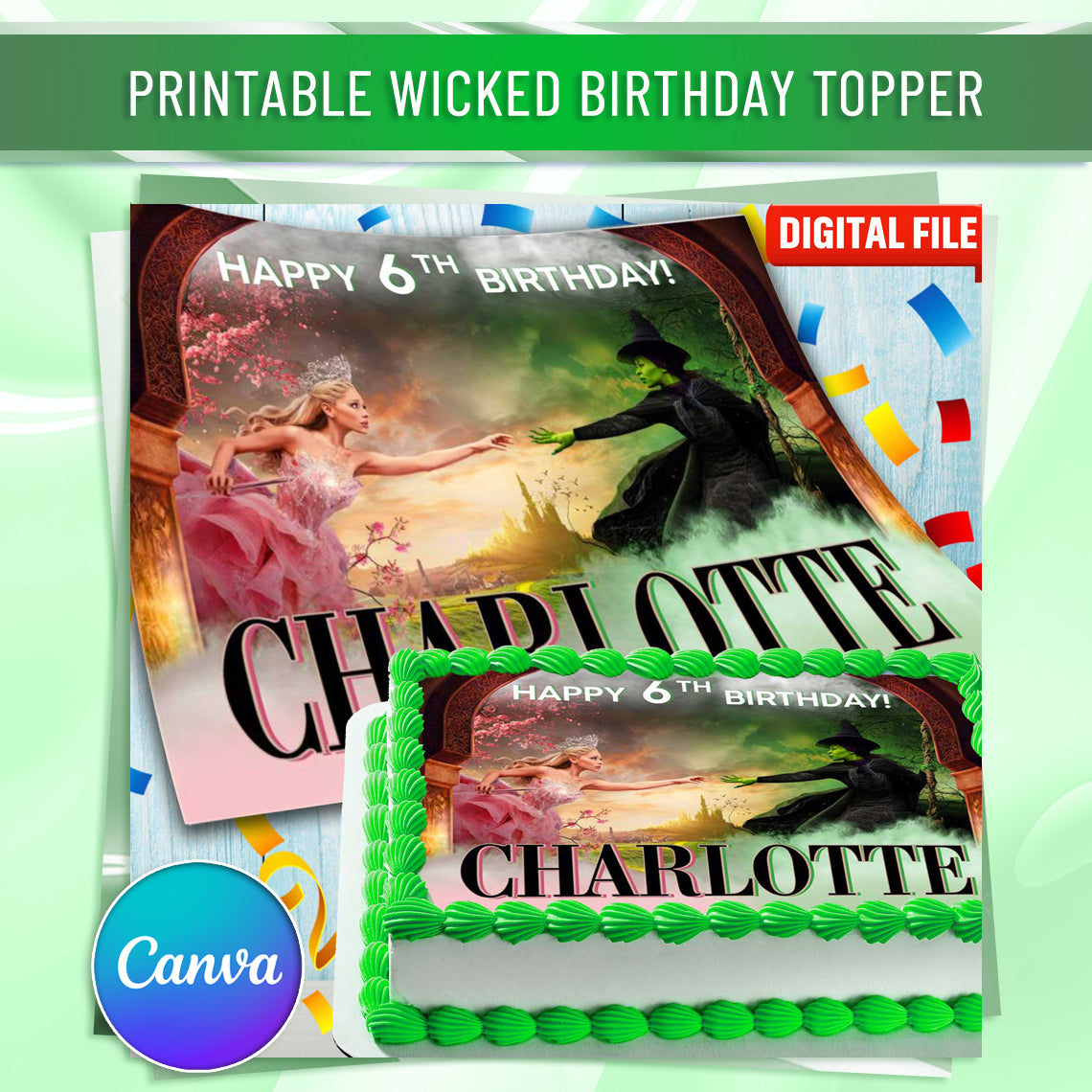 Topper de Bolo de Aniversário Wicked - Design Retangular - Papel de Açúcar, Papel Waffle, Chocotransfer