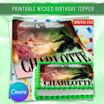 Topper de Bolo de Aniversário Wicked - Design Retangular - Papel de Açúcar, Papel Waffle, Chocotransfer