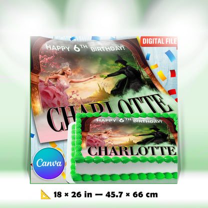 Topper de Bolo de Aniversário Wicked - Design Retangular - Papel de Açúcar, Papel Waffle, Chocotransfer