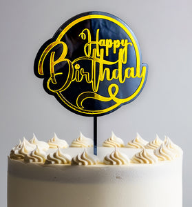 Elegant Gold "Happy Birthday" Cake Topper | Black Acrylic Backing | Cursive Script Design | Perfect for Birthday Celebrations